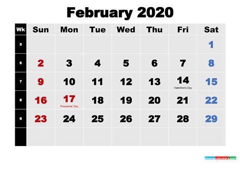 Free Printable February 2020 Calendar Word