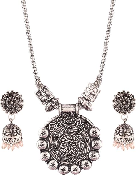 I Jewels Antique Oxidized Silver Necklace With Earrings For Women