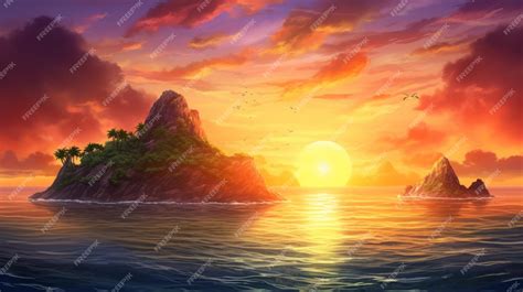 Premium Photo | Breathtaking sunrise over the ocean and island ai generated