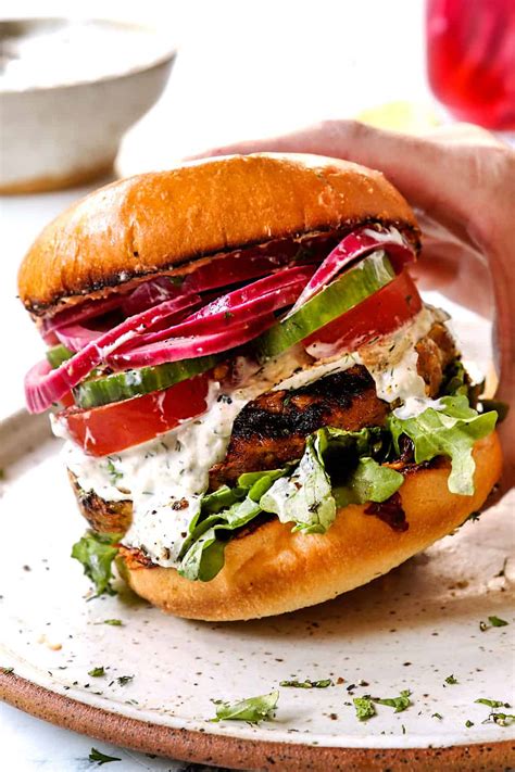 Greek Lamb Burgers With Tzatziki And Roasted Red Pepper Hummus