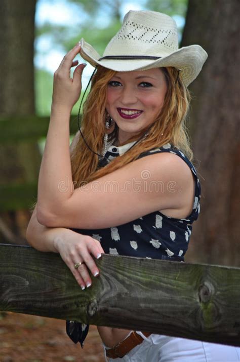 Cowgirl Pose Wooden Fence Cowboy Hat Stock Photo Image