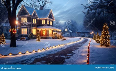 Country Snowy Houses With Christmas Light Decorations And Decorated