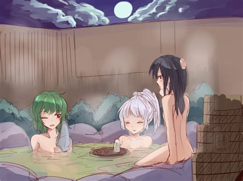 miyo ranthath fujiwara no mokou hakurei reimu kazami yuuka touhou 3girls bathing black