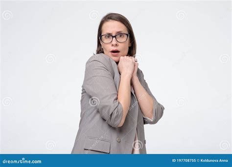 Worried Scared Woman In Glasses Being Afraid Looking At Camera Stock