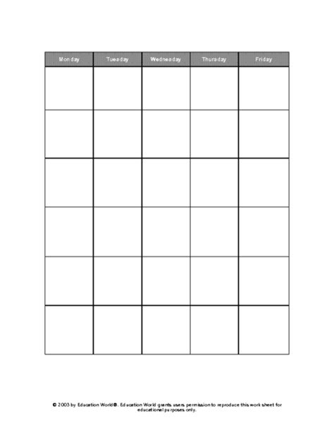Five Day Calendar Grid Template Blank Calendar Template Weekly