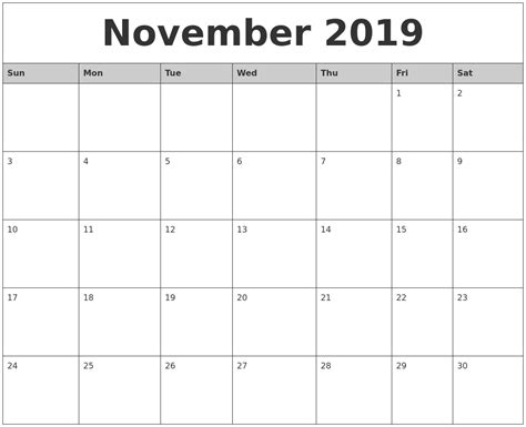 November 2019 Monthly Calendar Printable