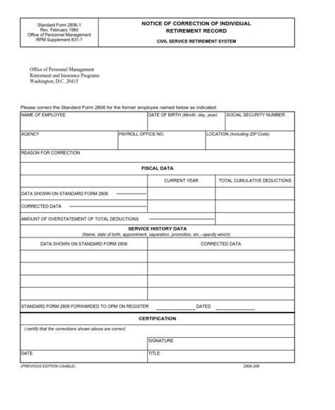 Sf Form 2806 1 Notice Of Correction Of Individual Retirement Record