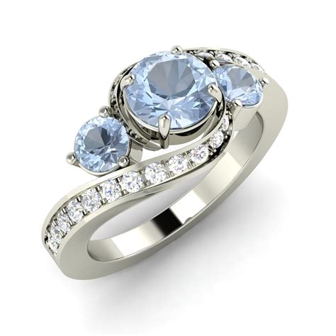 Natural Aquamarine Side Stone Engagement Ring With Diamonds In 14k