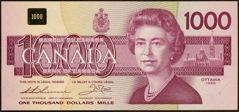 Afhganistan 1000 afghanis 1991 unc thin security thread. Canada 1000 Dollars banknote 1988 Queen Elizabeth II|World ...
