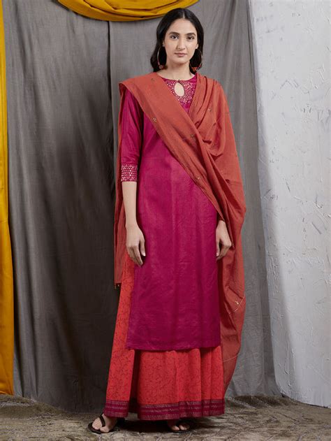 Buy Magenta Hand Embroidered Cotton Kurta Online At Theloom