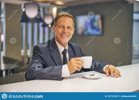 Joyful Mature Elegant Man Enjoying Hot Drink Stock Image Image Of