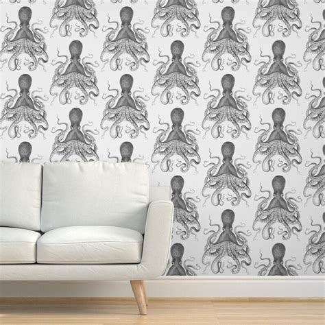 Nautical Wallpaper Octopus Oasis In Charcoal By Willow Lane Etsy Uk