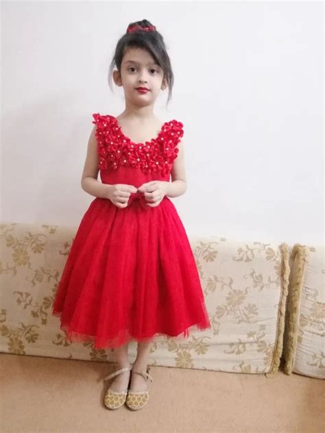 A Very Beautiful Net Frock For 5year Girl In Red Colour I Used Fabric