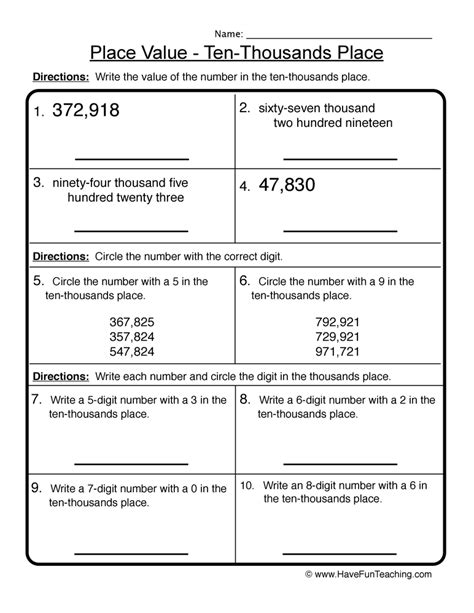 Numbers Through Ten Thousands Worksheets