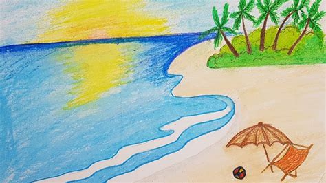How To Draw A Sea Beach Scenery For Kids Very Easy Drawing Youtube