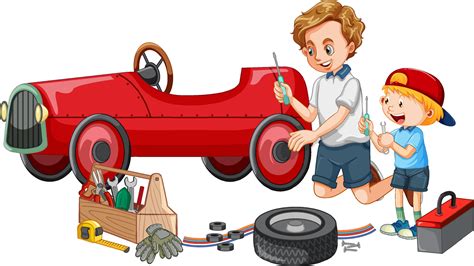 Dad And Son Repairing A Car Together 4918435 Vector Art At Vecteezy