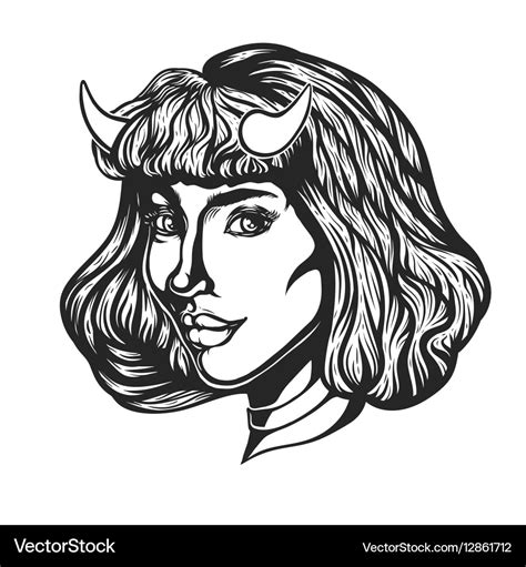 Devil Woman Head Portrait With Horns For T Shirts Vector Image