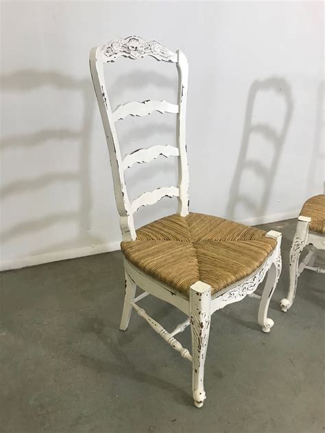 French Country Ladderback Dining Chairs White Carved 4 Rung Rush Seat