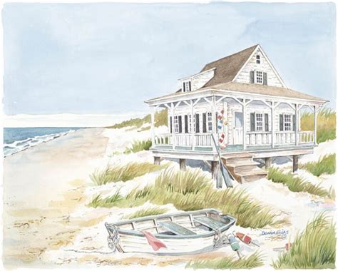Beach Cottage Beach Watercolor Beach Painting Watercolor Landscape