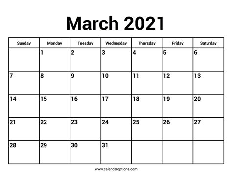 March 2021 Calendars Calendar Options