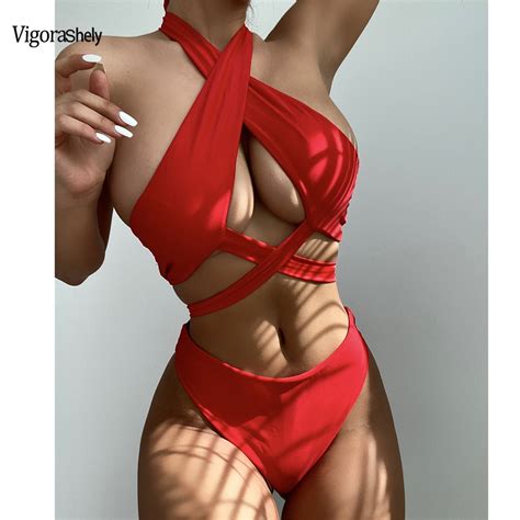 vigorashely sexy cross bandage halter bikini 2022 high waist swimwear women hollow swimsuit