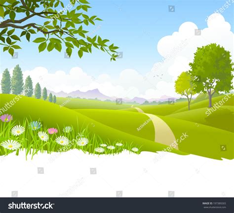 Illustration Heavenly Landscape Lush Green Fields Stock Vector Royalty