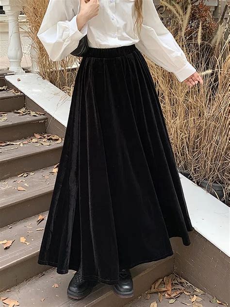 TIGENA Ankle Length Black Velvet Skirt For Women 2023 New Autumn