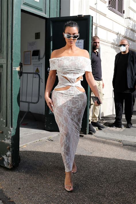 Kim Kardashian Wears Off The Shoulder White Lace Cut Out Dress Rome
