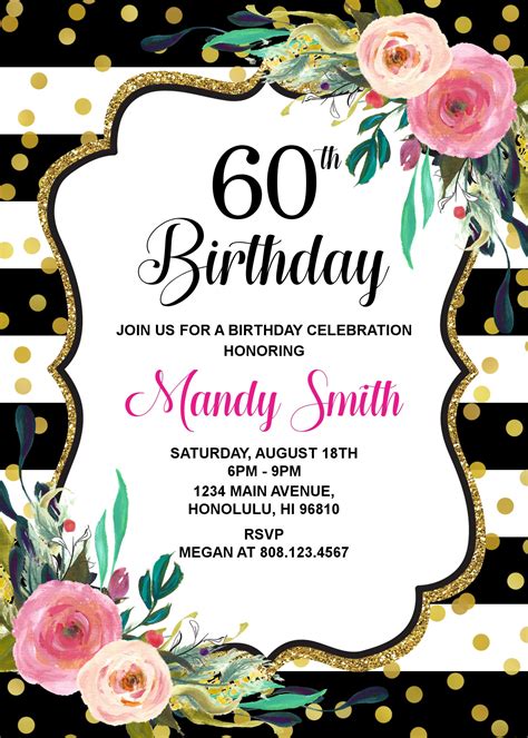 60th Birthday Invitation Women Birthday Invitation Pink Floral Etsy