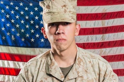 Man In Military Uniform On Usa Flag Background Stock Photo Image Of