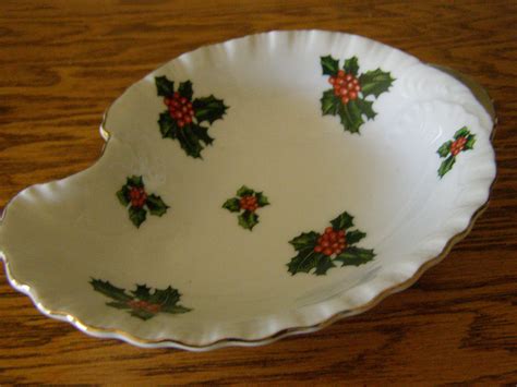 Vintage Lefton China Stickered Christmas Dish With Holly Hand Painted