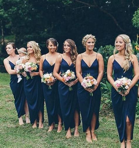 Dark Blue V Neck Spaghetti Straps Silk Fabric Bridesmaid Dress Navy