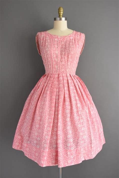 50s Dress Beautiful Pink Cotton White Floral Print Full Etsy Vintage