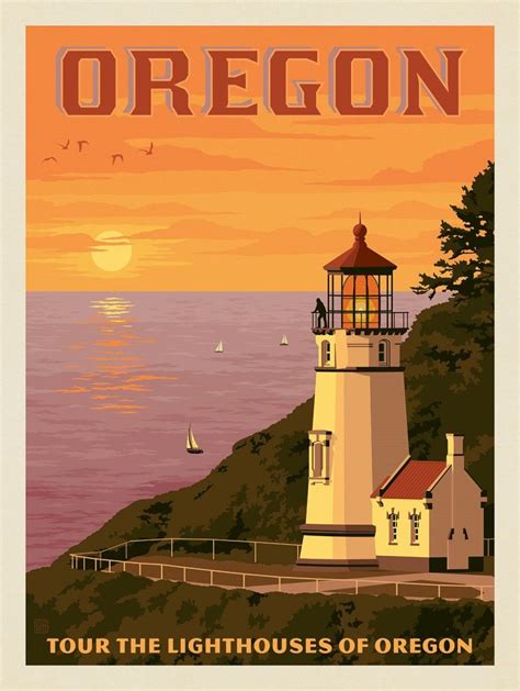 Oregon Coast Lighthouses Travel Poster Design Vintage Travel