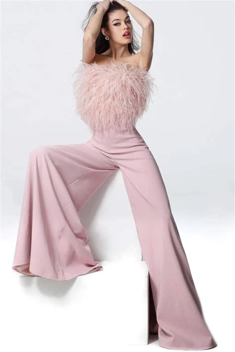 jovani 1542 feathered strapless jumpsuit jumpsuit elegant fancy jumpsuit feather dress