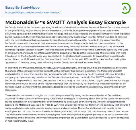 McDonalds SWOTT Analysis Essay Example StudyHippo Com