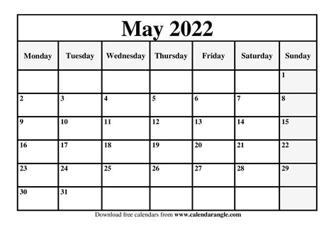 Blank May 2022 Printable Calendar Free Templates