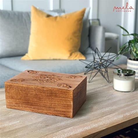Decorative Medium Burnt Mango Wood Box With Lid “serena” Wooden Extra