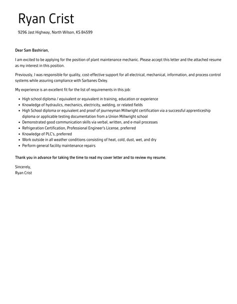 Plant Maintenance Mechanic Cover Letter Velvet Jobs