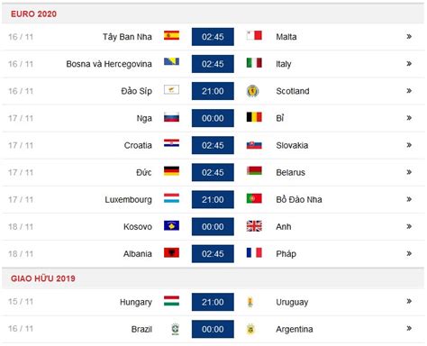 Cho tới thời điểm hiện tại, đài truyền hình việt tuy nhiên, với việc vtv đã sở hữu bản quyền, toàn bộ các trận đấu của vck euro 2020, giải đấu sẽ tường thuật trực tiếp trên các kênh sóng như. Lịch thi đấu vòng loại Euro 2020 và các trận giao hữu quốc tế