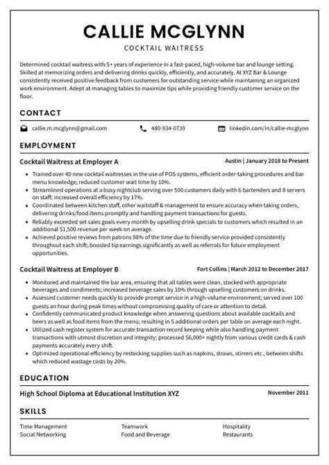 Cocktail Waitress Resume Cv Example And Writing Guide