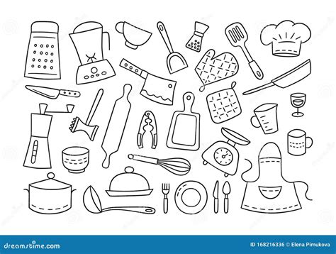 Kitchen Tools And Tableware Cook Hand Drawn Stock Vector