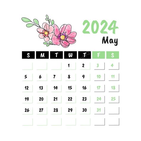 Kalender Bulanan Bunga Untuk Mei 2024 Vektor Kalender Bulan Mei