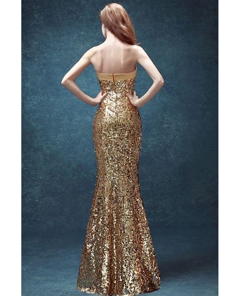 Luxury Sparkly Gold Tight Mermaid Prom Dress Strapless With Bow Wholesale T69610