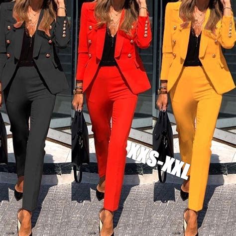 spring and autumn new fashion women s solid color two piece casual blazer and pants office