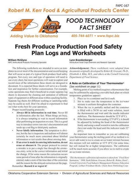 Fresh Produce Production Food Safety Plan Logs And Worksheets