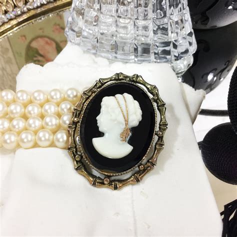 Vintage Black Cameo Brooch Black Cameo Pendant With Gold Accents