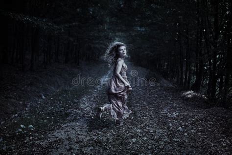 Scared Girl Running Through Forest Stock Image Image Of Halloween Nightmare