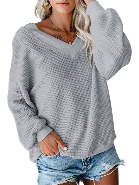 Ukap Women Waffle Knit Shirts V Neck Long Sleeve Casual Slouchy Loose