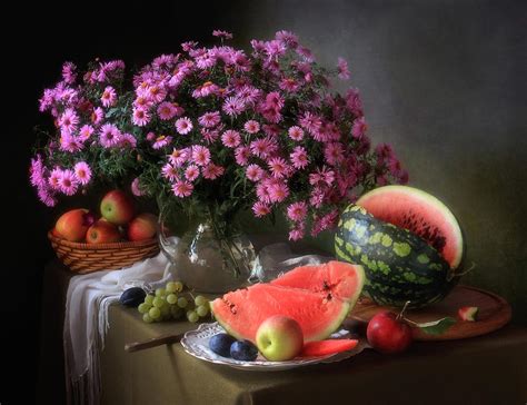 Still Life With Flowers And Fruit Photograph By